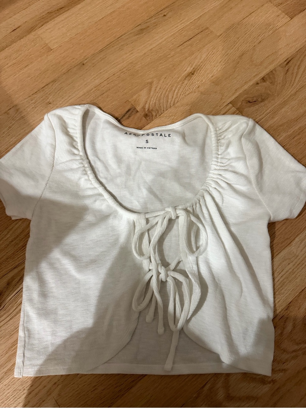 Aeropostale White Short Sleeve Lace-Up Ribbed Crop Top